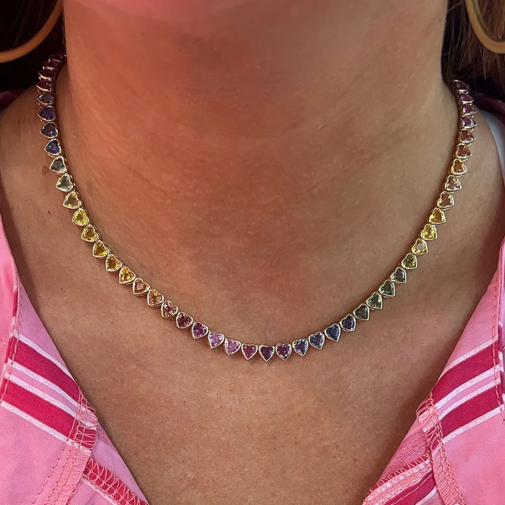 14K Rainbow Sapphire Heart Bezel Tennis Necklace