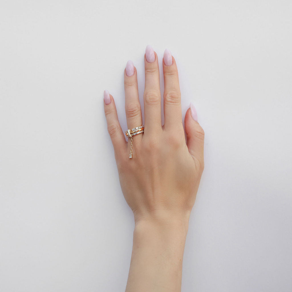 Twilight Drop Triple Row Yellow Gold and Baguette Diamond Ring