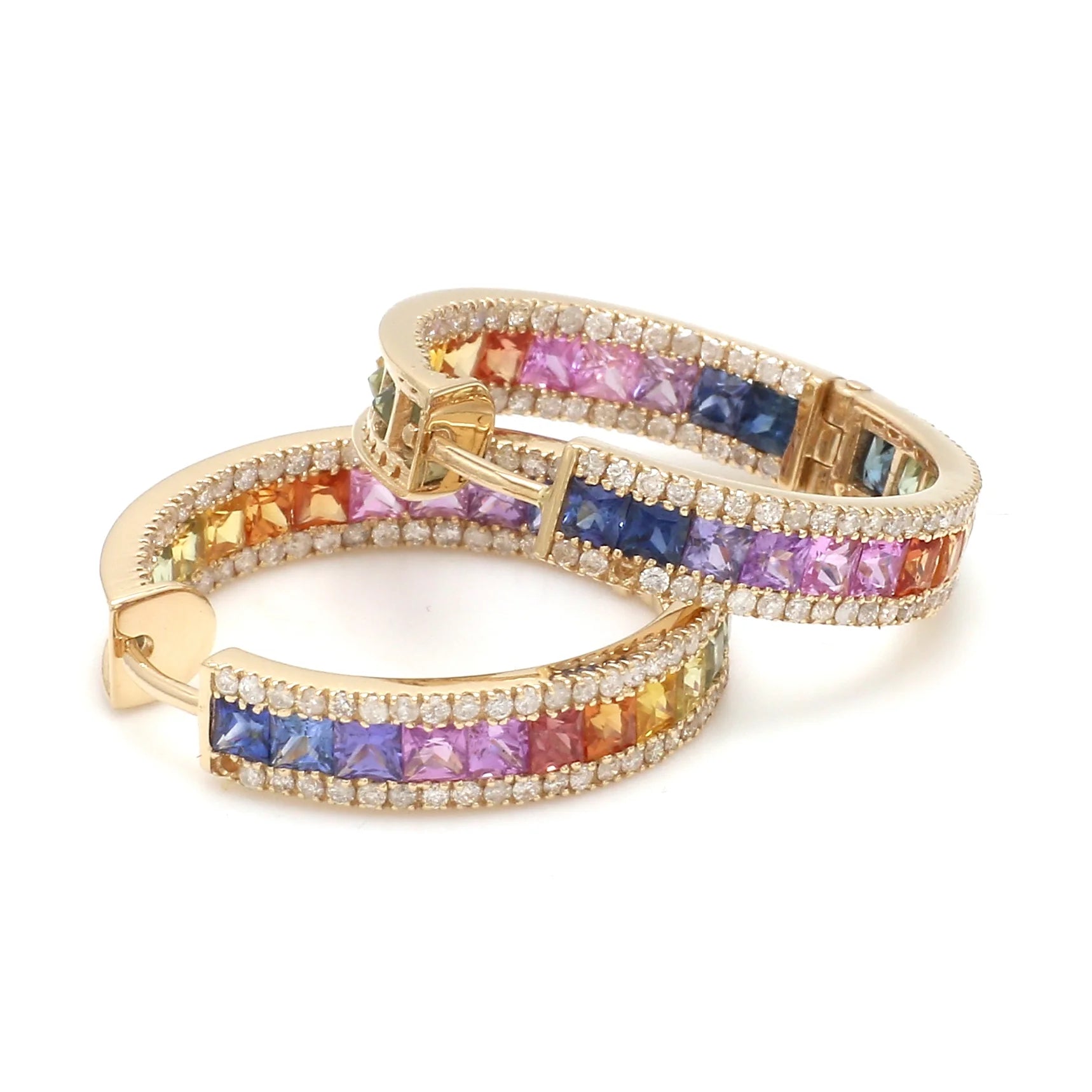 Rainbow Sapphire Princess Cut Diamond Hoop Earrings