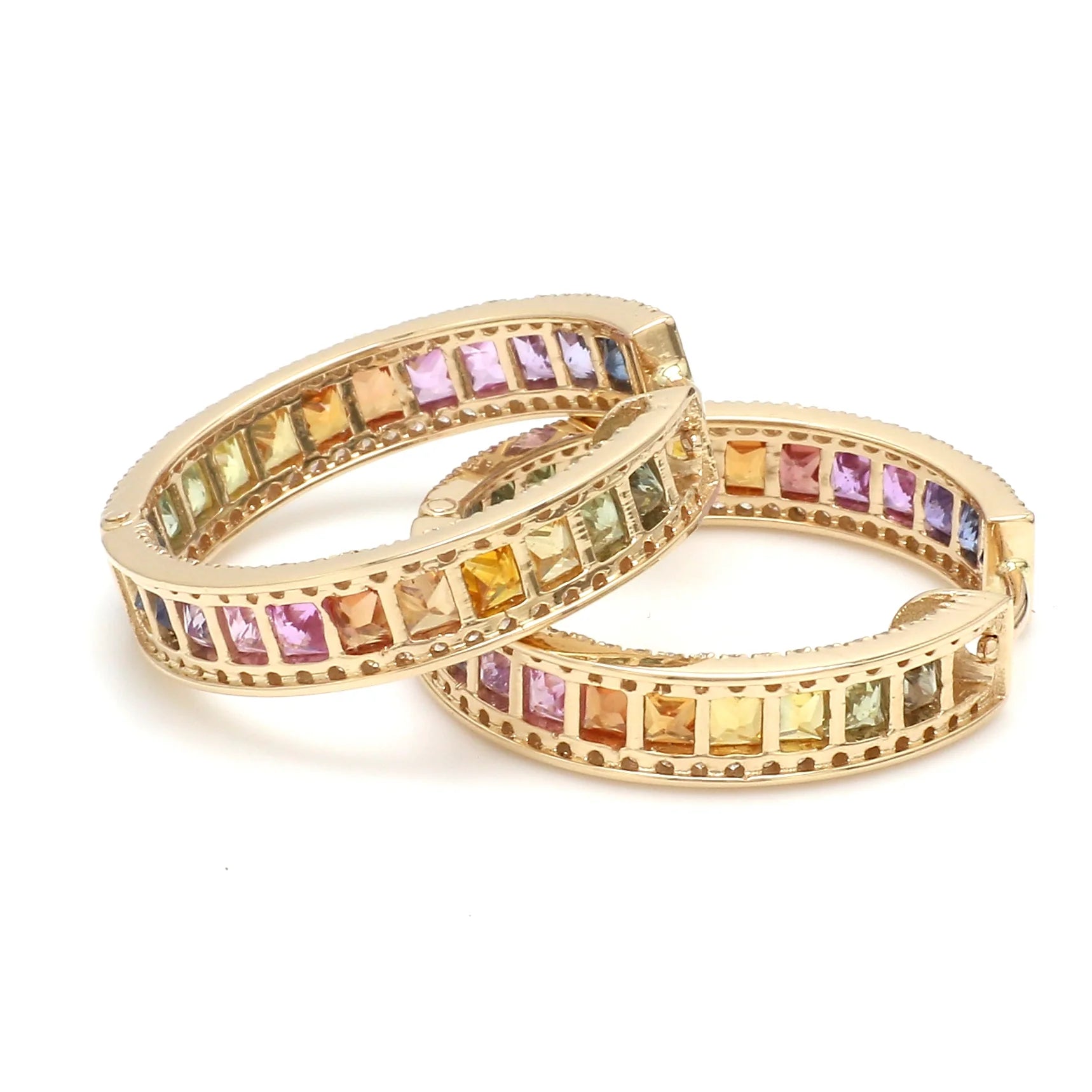 Rainbow Sapphire Princess Cut Diamond Hoop Earrings