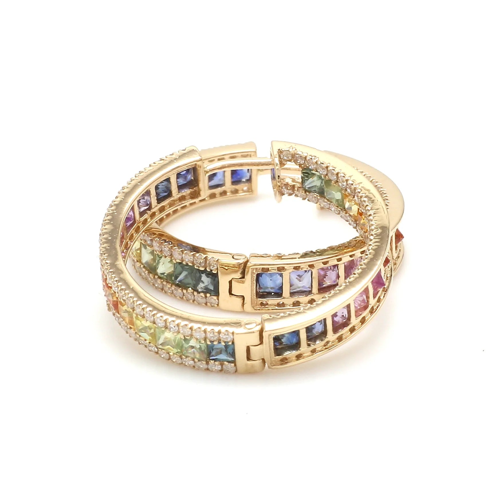 Rainbow Sapphire Princess Cut Diamond Hoop Earrings