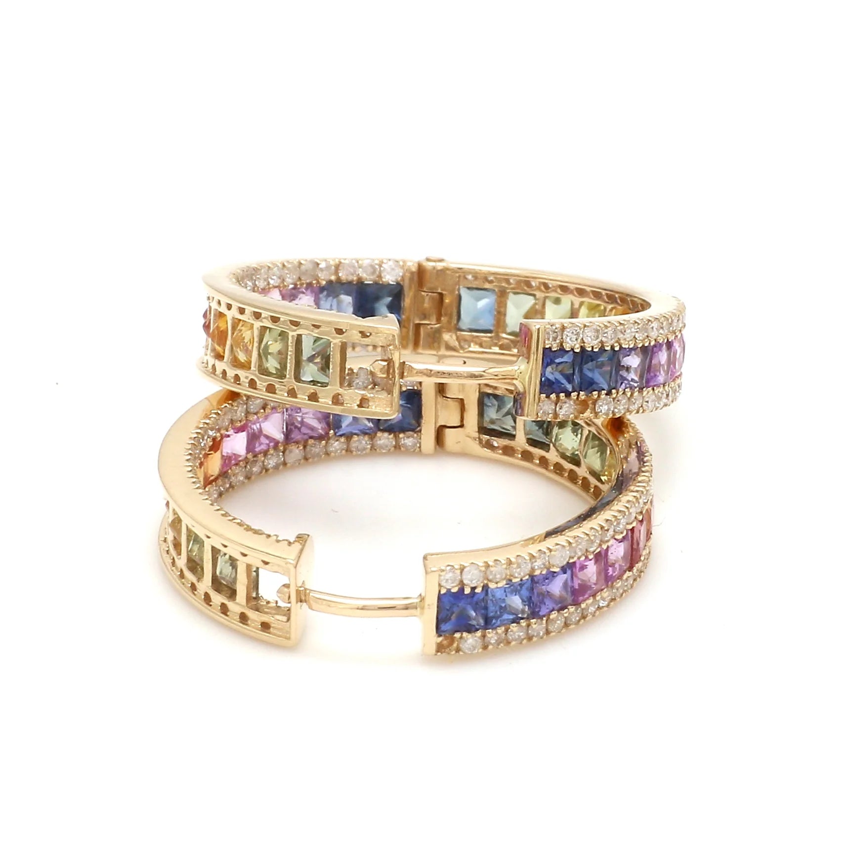 Rainbow Sapphire Princess Cut Diamond Hoop Earrings