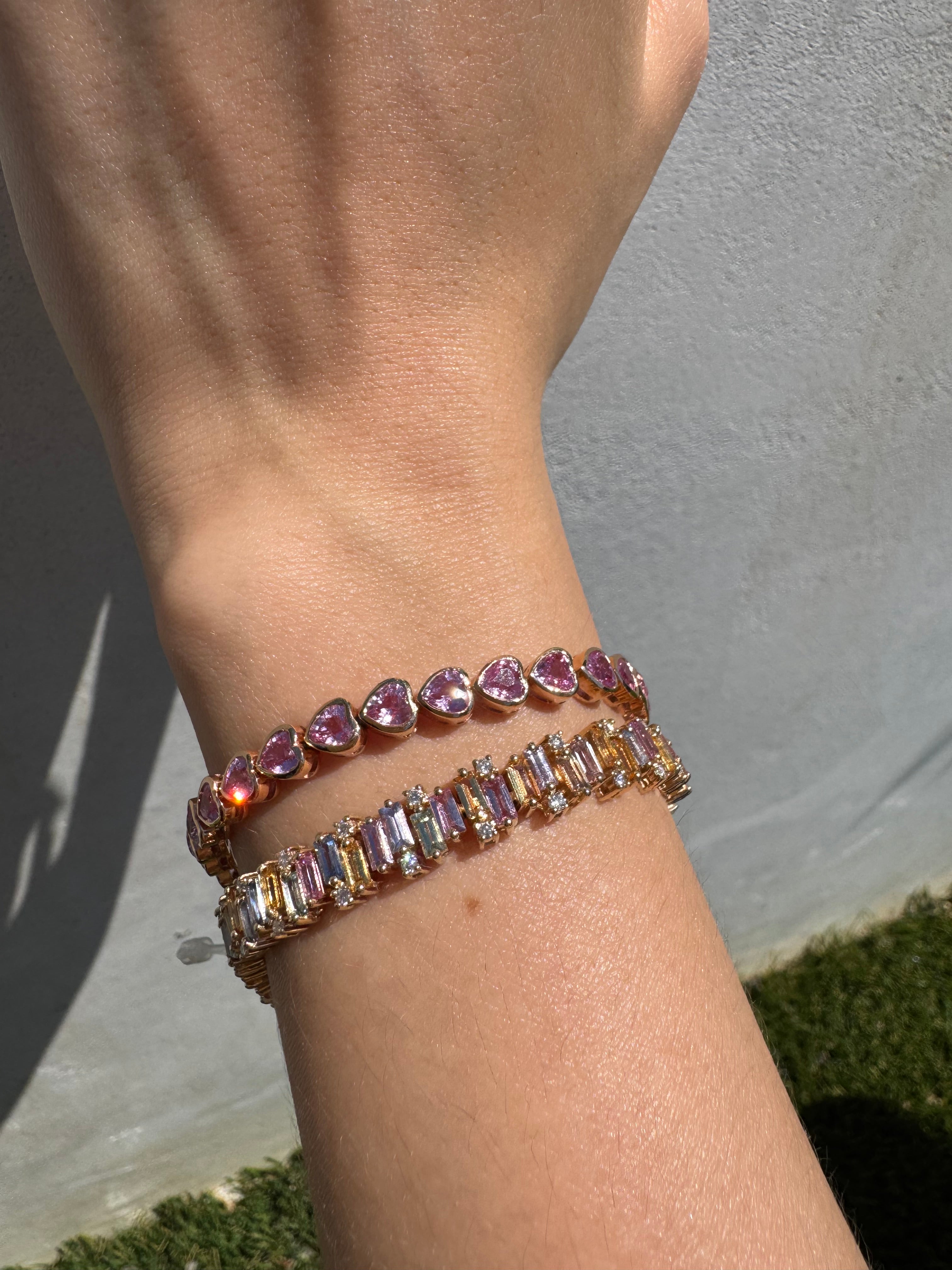 14K Natural Pink Heart Sapphire Bezel Bracelet