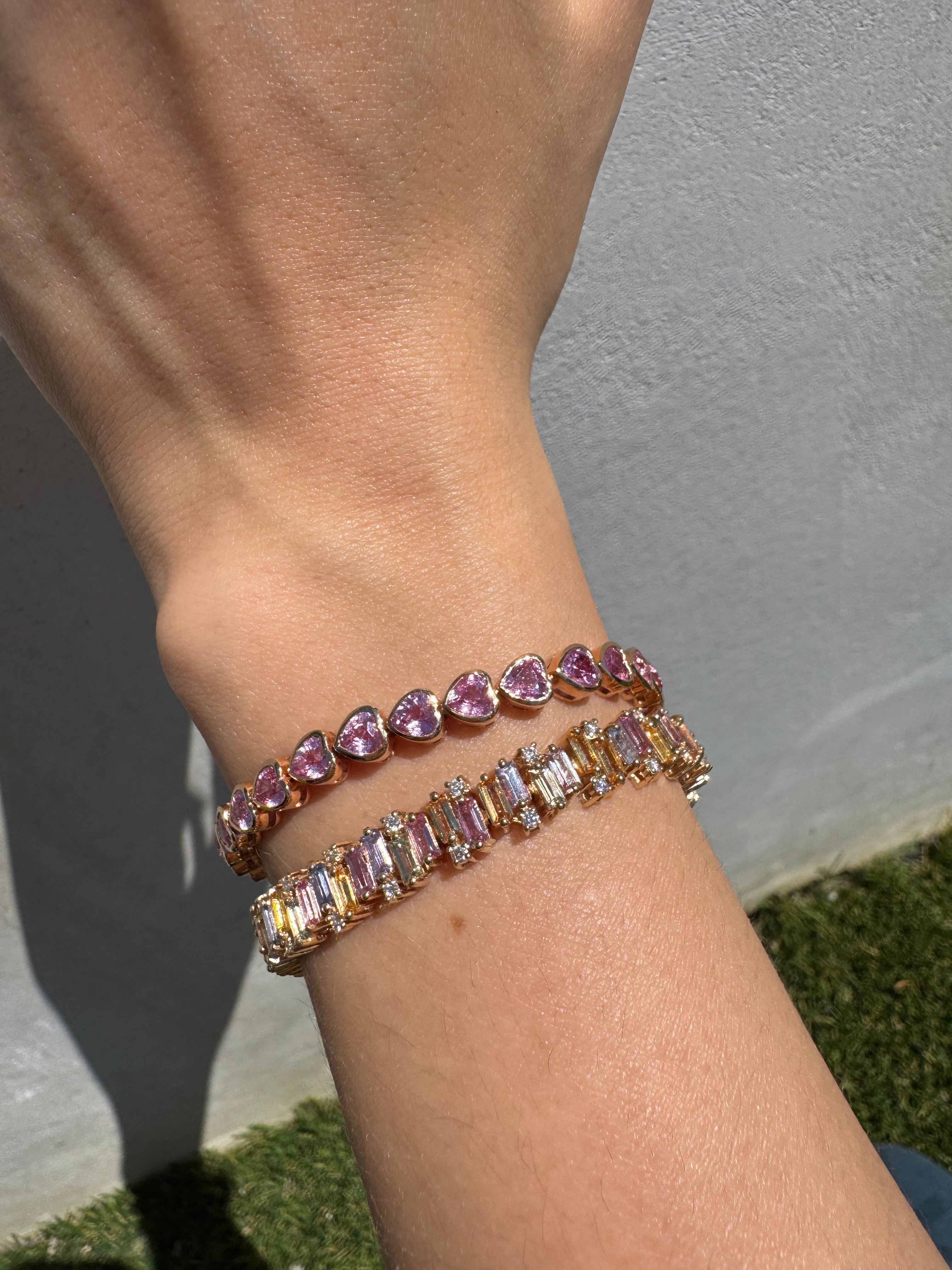 14K Pastel Rainbow Sapphire Baguette Cut Diamond Tennis Bracelet