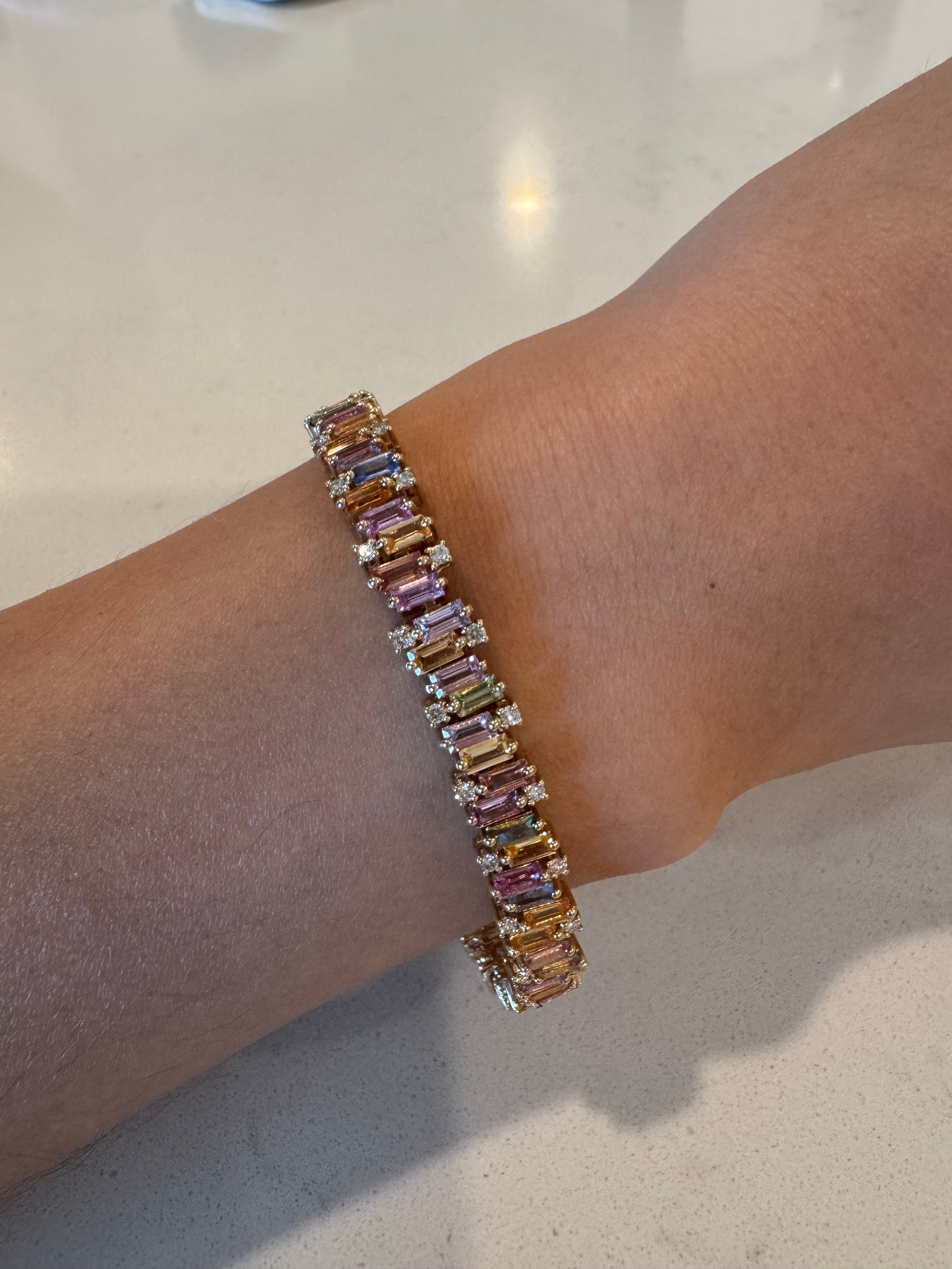14K Pastel Rainbow Sapphire Baguette Cut Diamond Tennis Bracelet