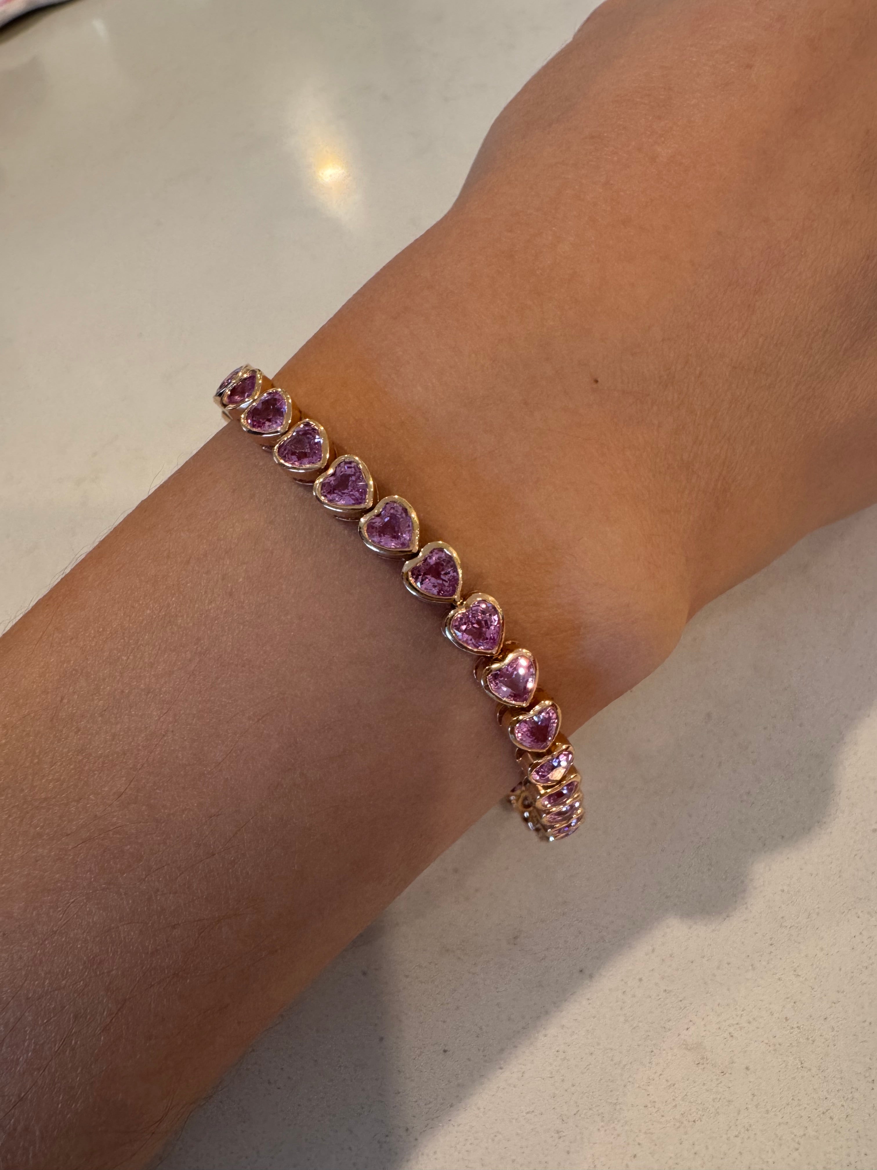 14K Natural Pink Heart Sapphire Bezel Bracelet