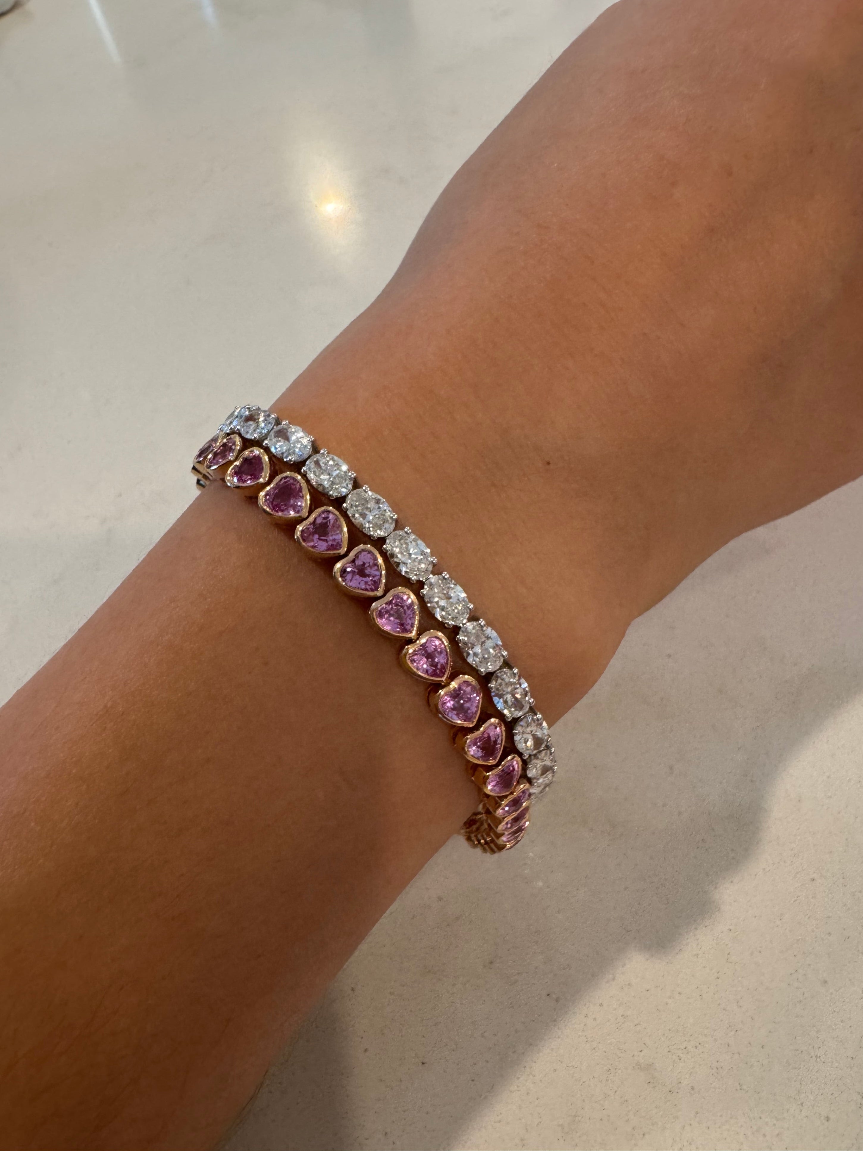 14K Natural Pink Heart Sapphire Bezel Bracelet