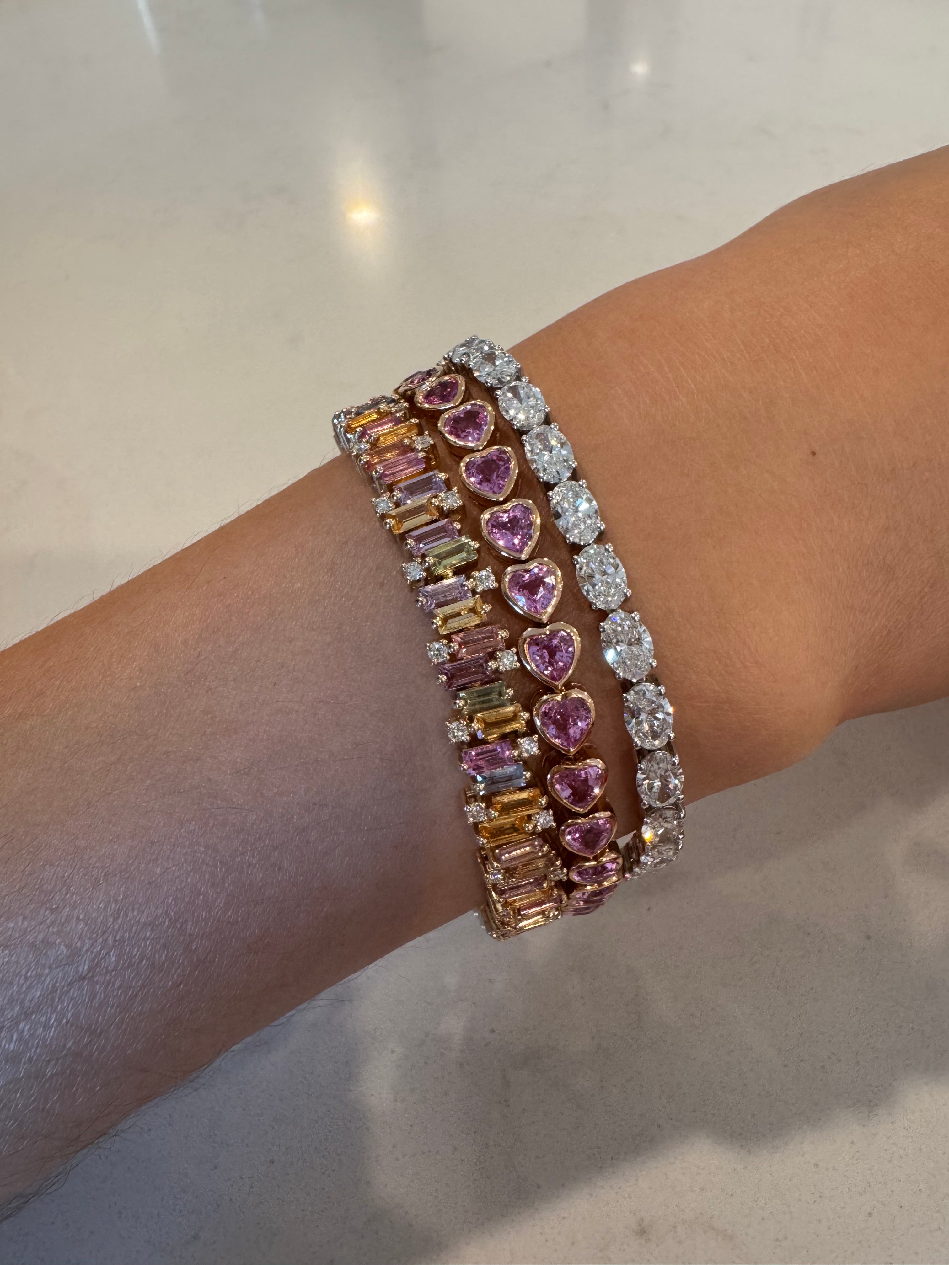 14K Pastel Rainbow Sapphire Baguette Cut Diamond Tennis Bracelet