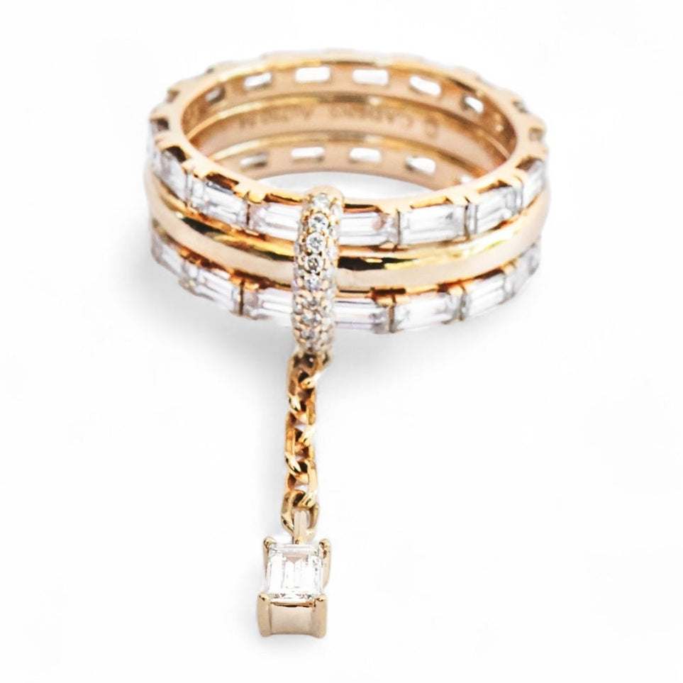 Twilight Drop Triple Row Yellow Gold and Baguette Diamond Ring