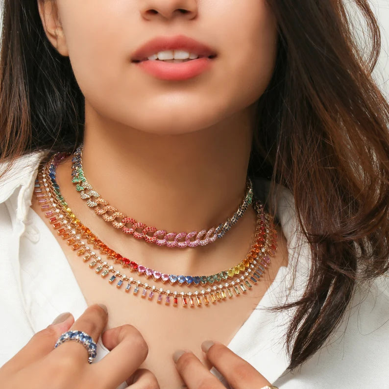 14K Rainbow Sapphire Heart Bezel Tennis Necklace