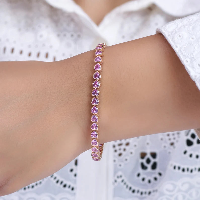14K Natural Pink Heart Sapphire Bezel Bracelet
