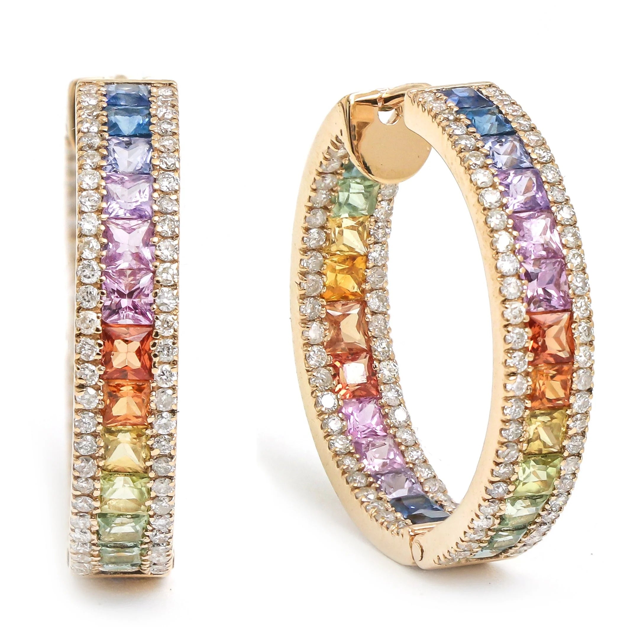 Rainbow Sapphire Princess Cut Diamond Hoop Earrings