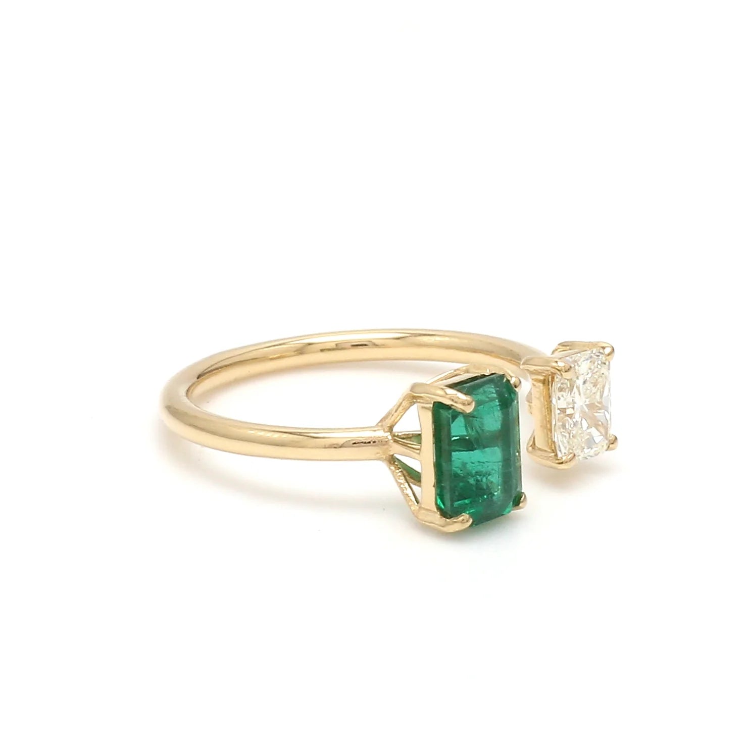 Emerald and Radiant Cut Diamond Two Stone Ring