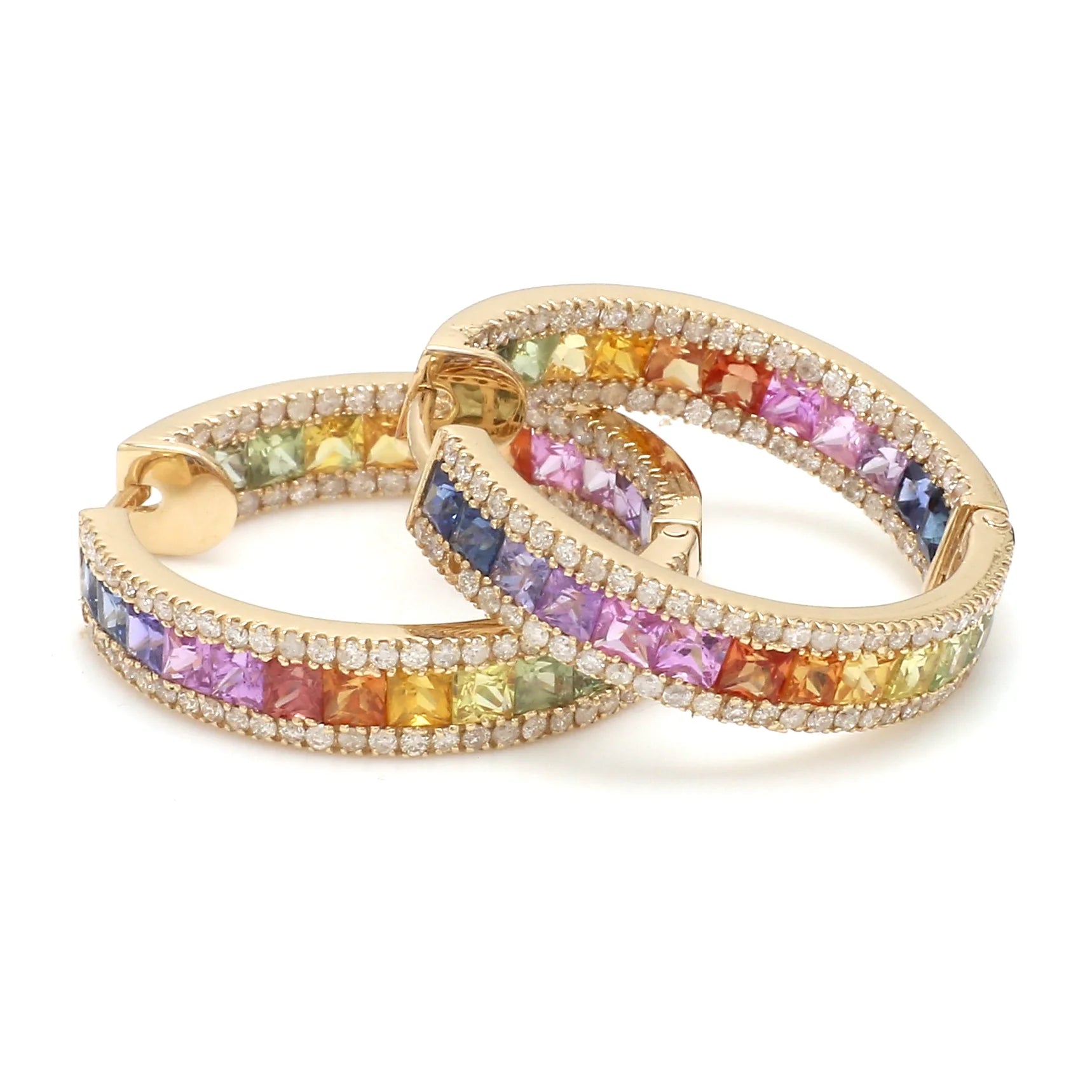 Rainbow Sapphire Princess Cut Diamond Hoop Earrings