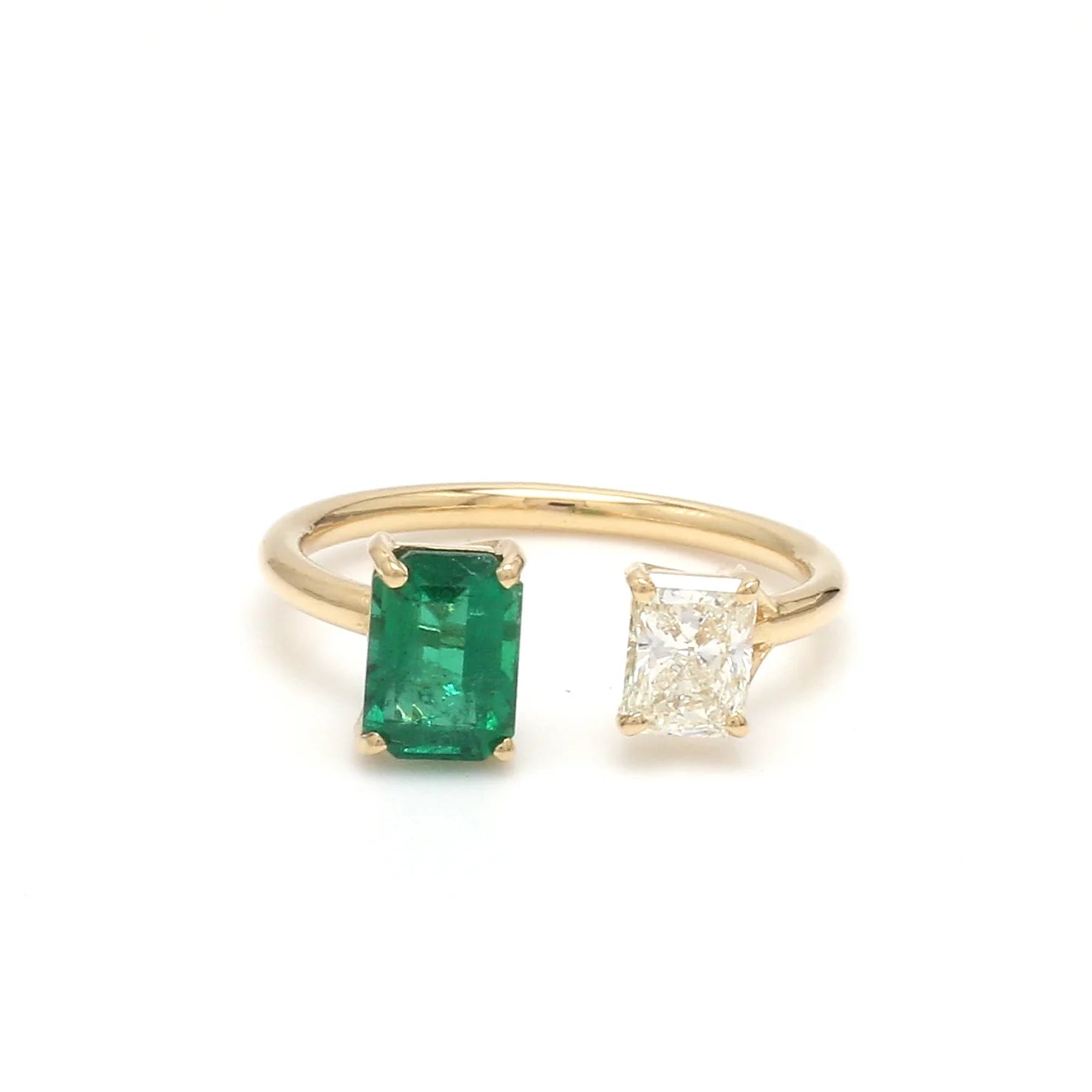 Emerald and Radiant Cut Diamond Two Stone Ring