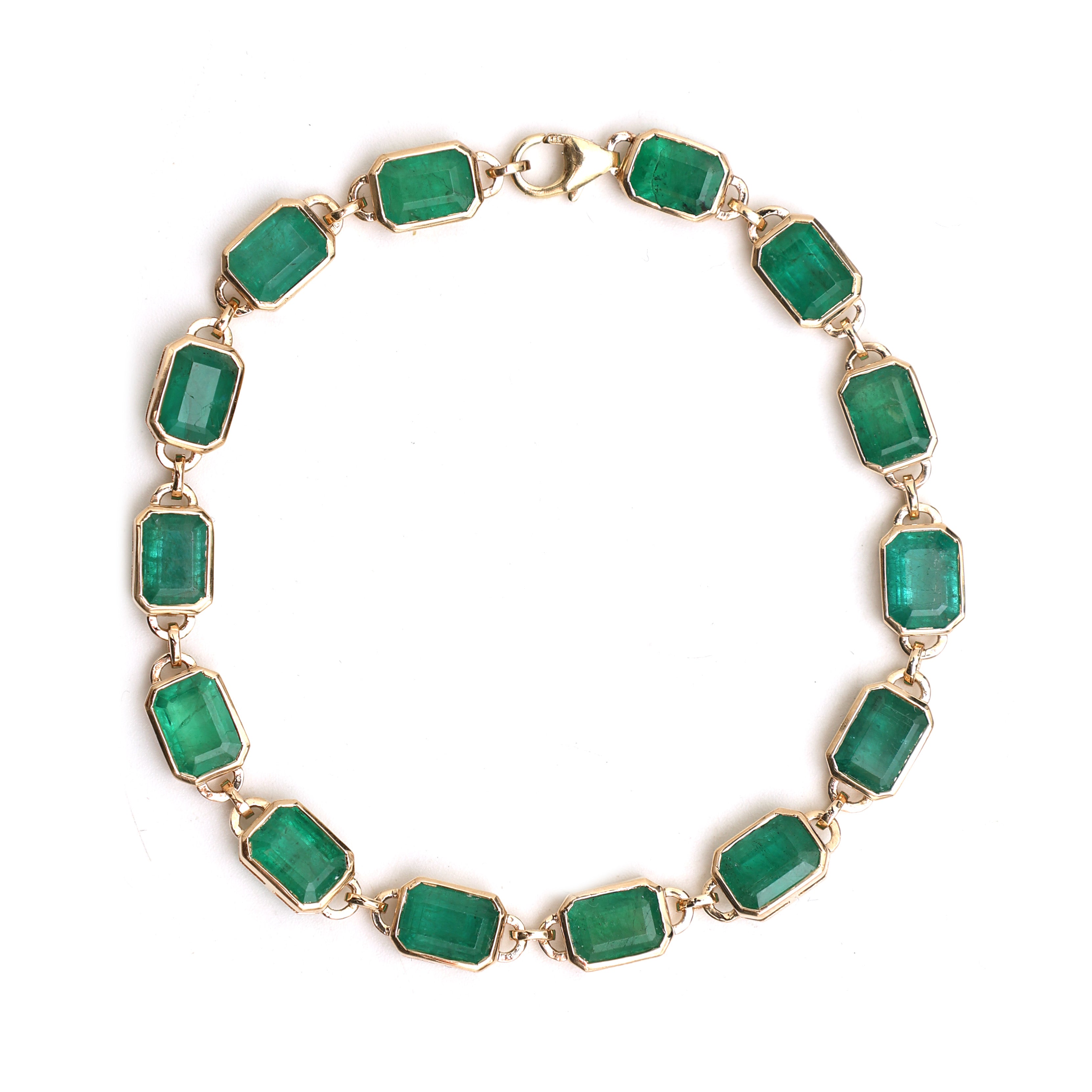 14K Natural Octagon Emerald Antique Bezel Set Link Chain Bracelet