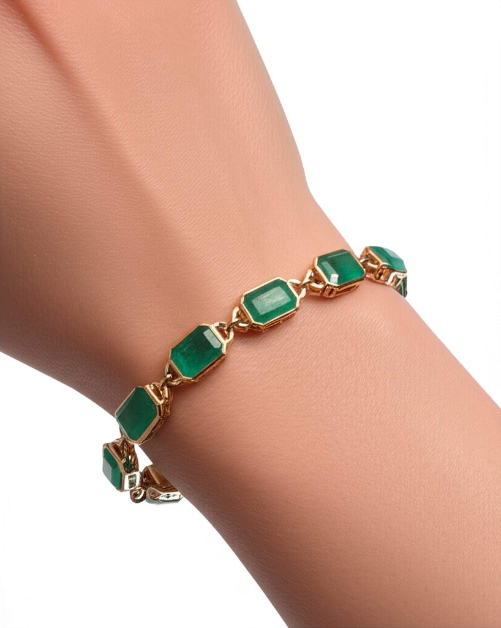 14K Natural Octagon Emerald Antique Bezel Set Link Chain Bracelet