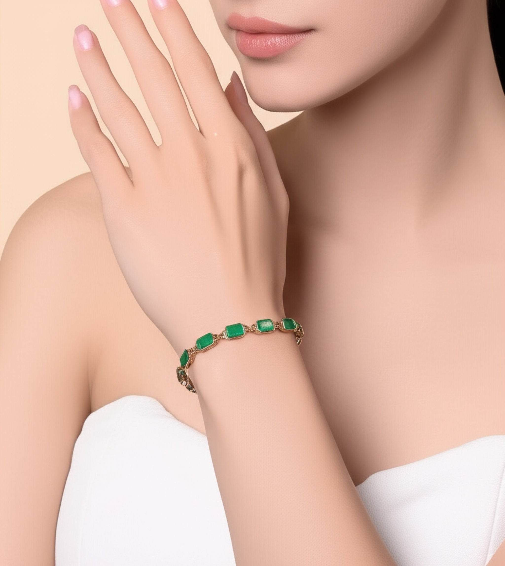 14K Natural Octagon Emerald Antique Bezel Set Link Chain Bracelet