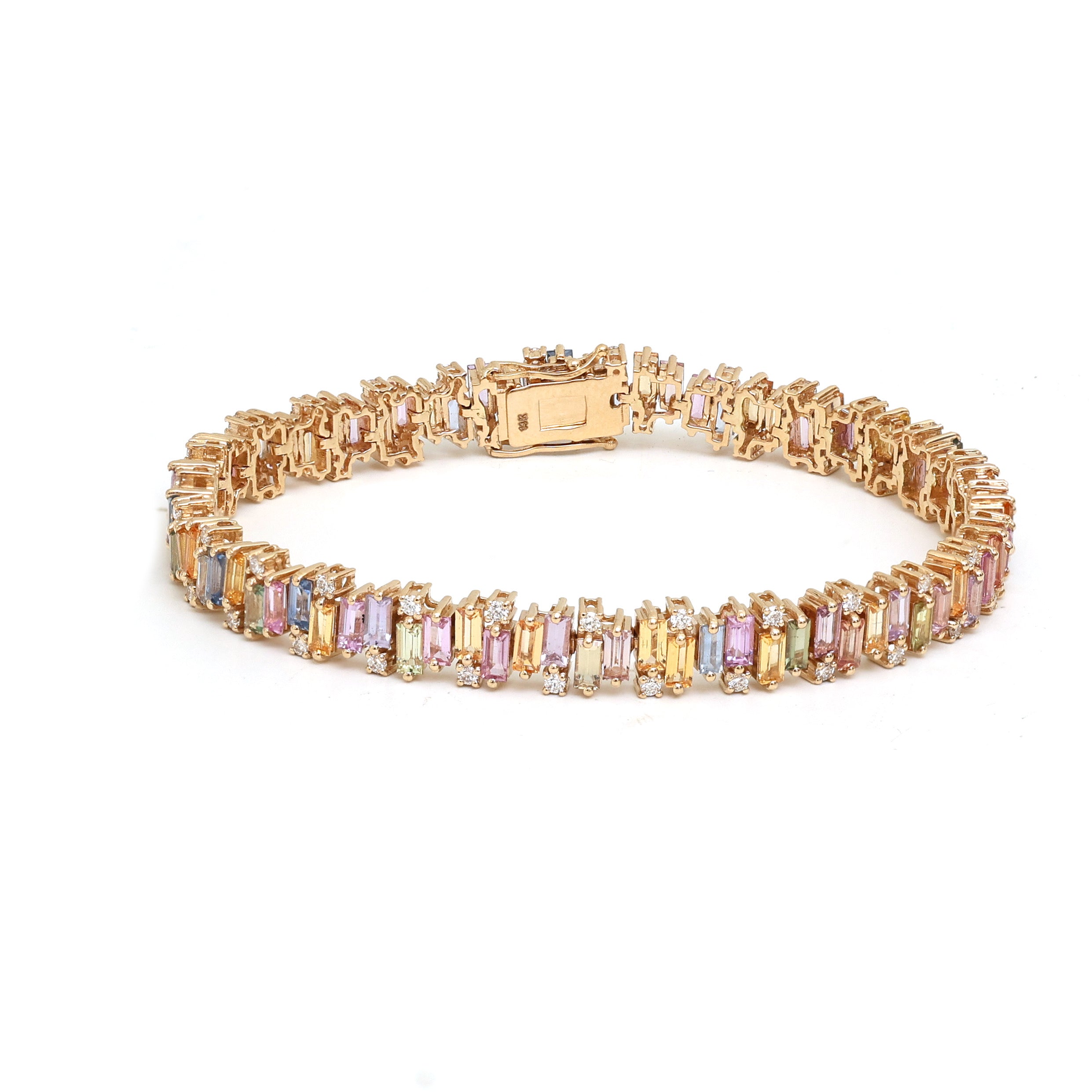 14K Pastel Rainbow Sapphire Baguette Cut Diamond Tennis Bracelet