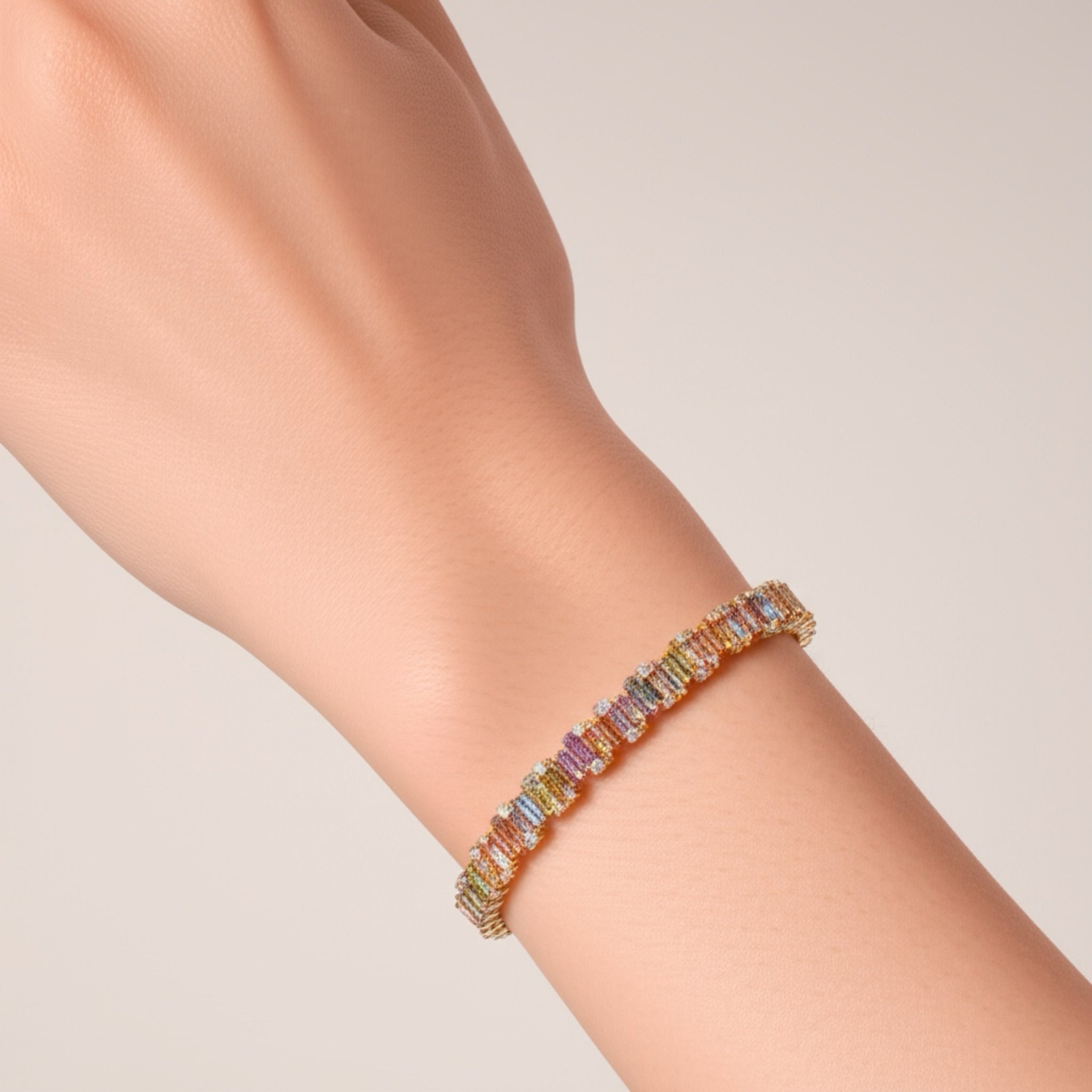14K Pastel Rainbow Sapphire Baguette Cut Diamond Tennis Bracelet