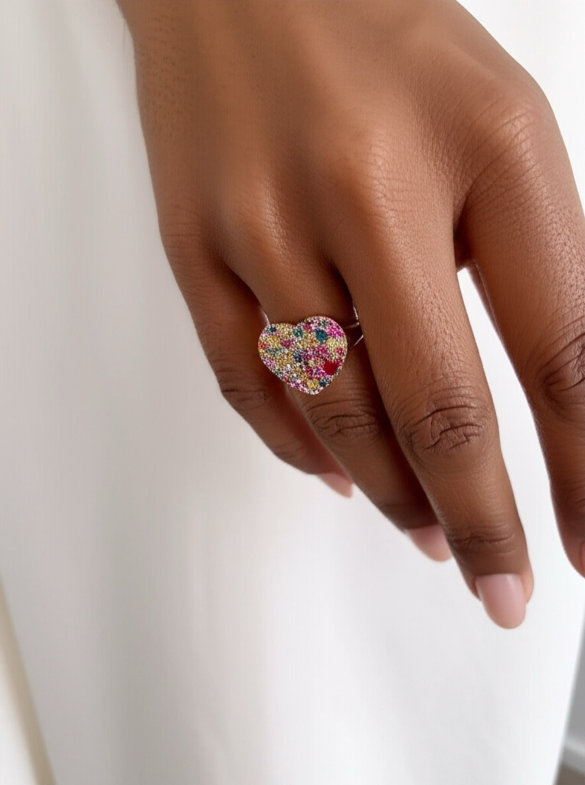 Rainbow Sapphire Heart Pavé Ring
