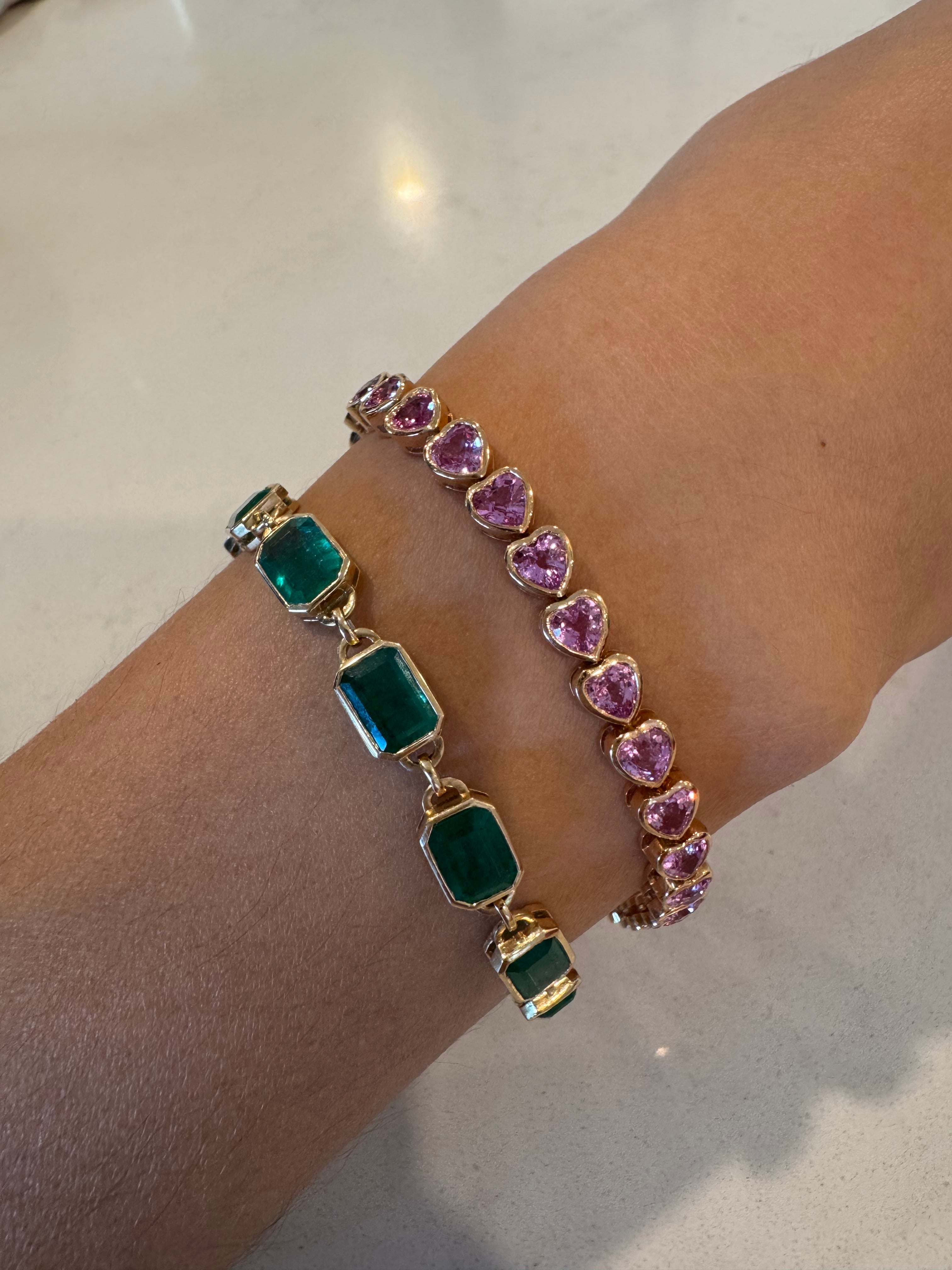 14K Natural Octagon Emerald Antique Bezel Set Link Chain Bracelet