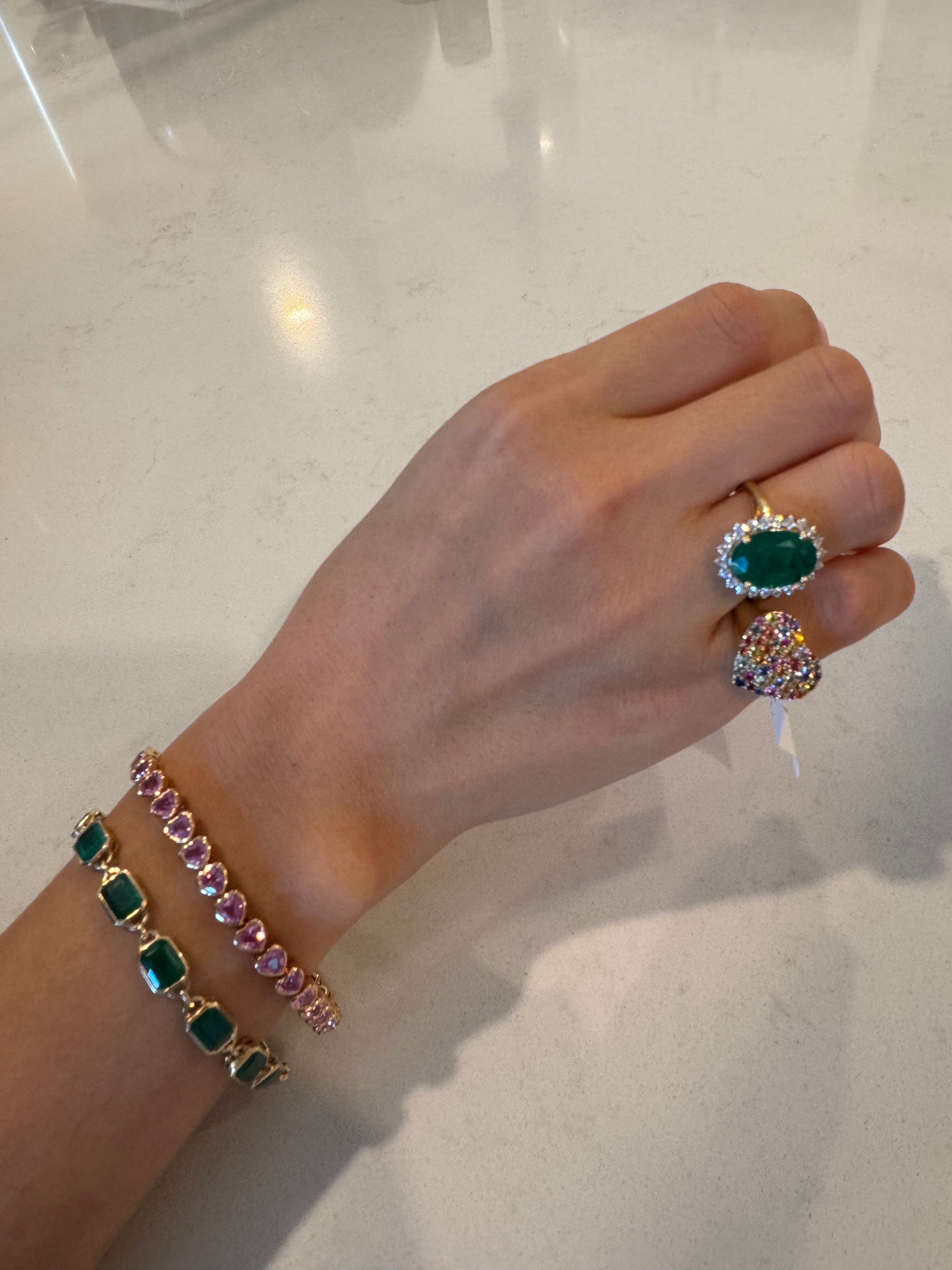 14K Natural Octagon Emerald Antique Bezel Set Link Chain Bracelet