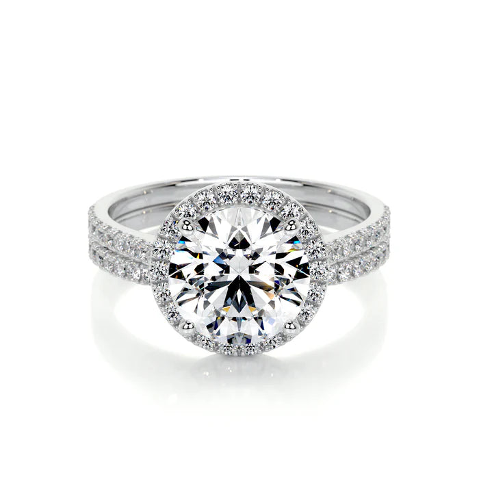 Round Cut Halo and Double Row Accented Ring