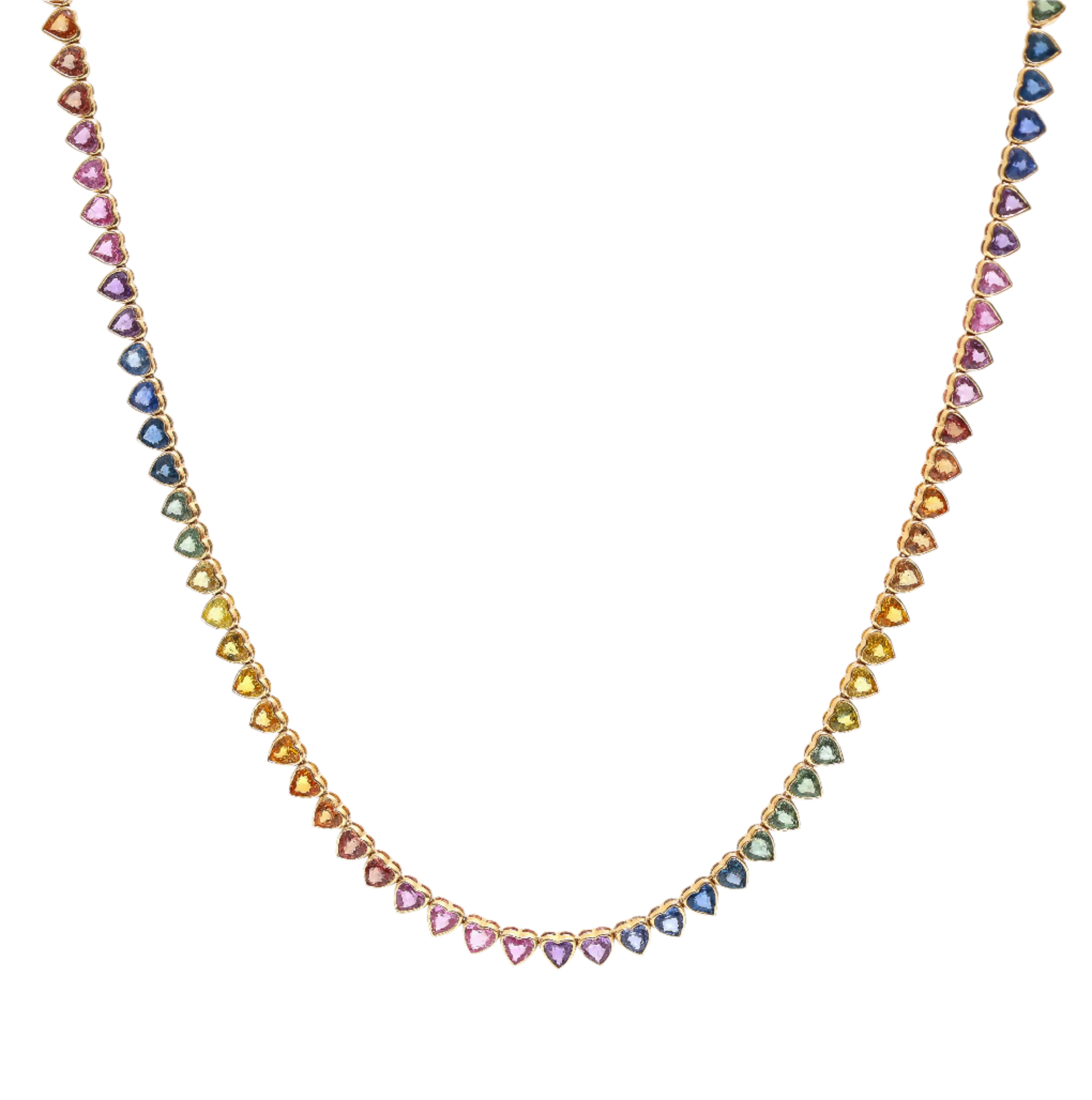 14K Rainbow Sapphire Heart Bezel Tennis Necklace