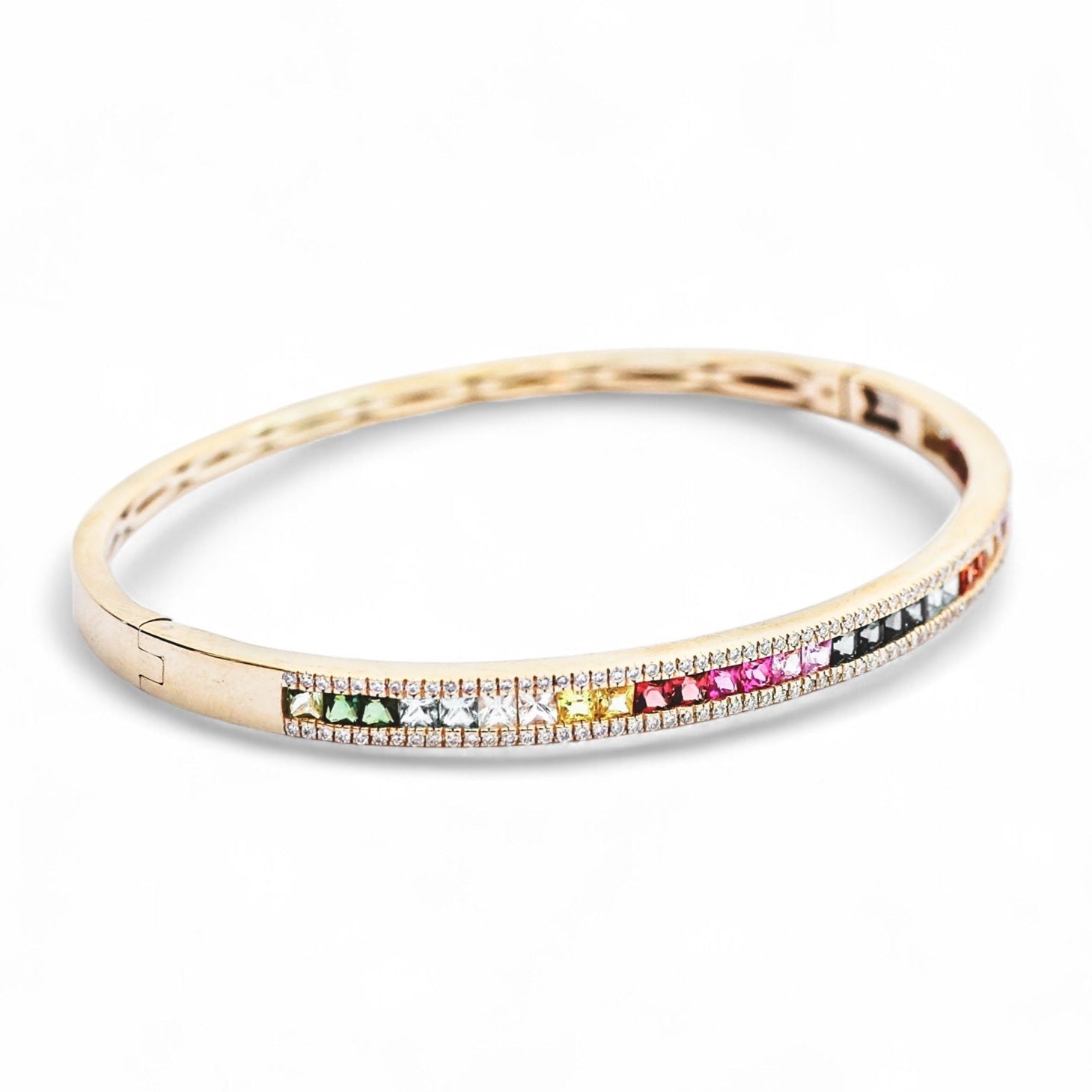 Rainbow Princess Cut Sapphire and Diamond Bangle Bracelet