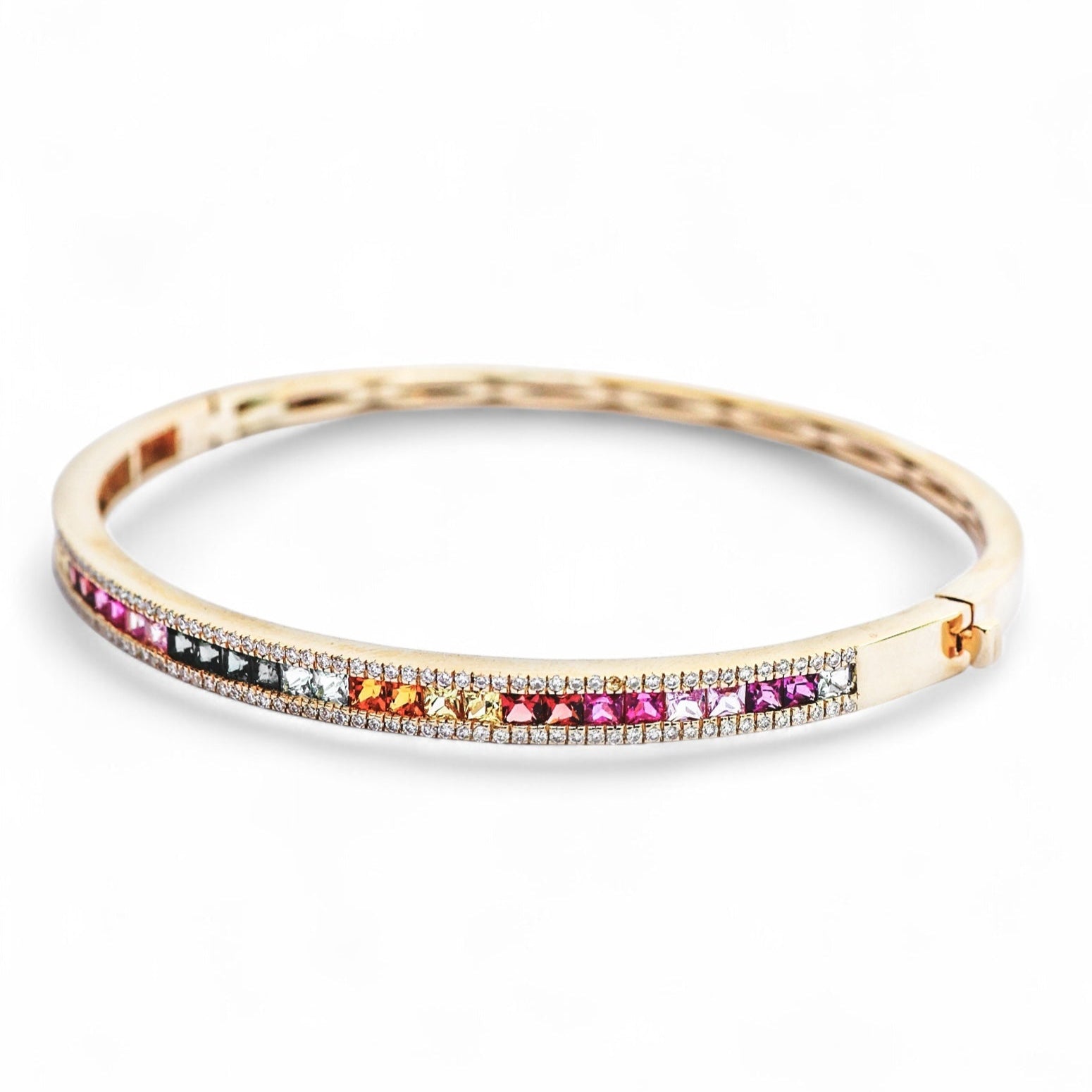 Rainbow Princess Cut Sapphire and Diamond Bangle Bracelet