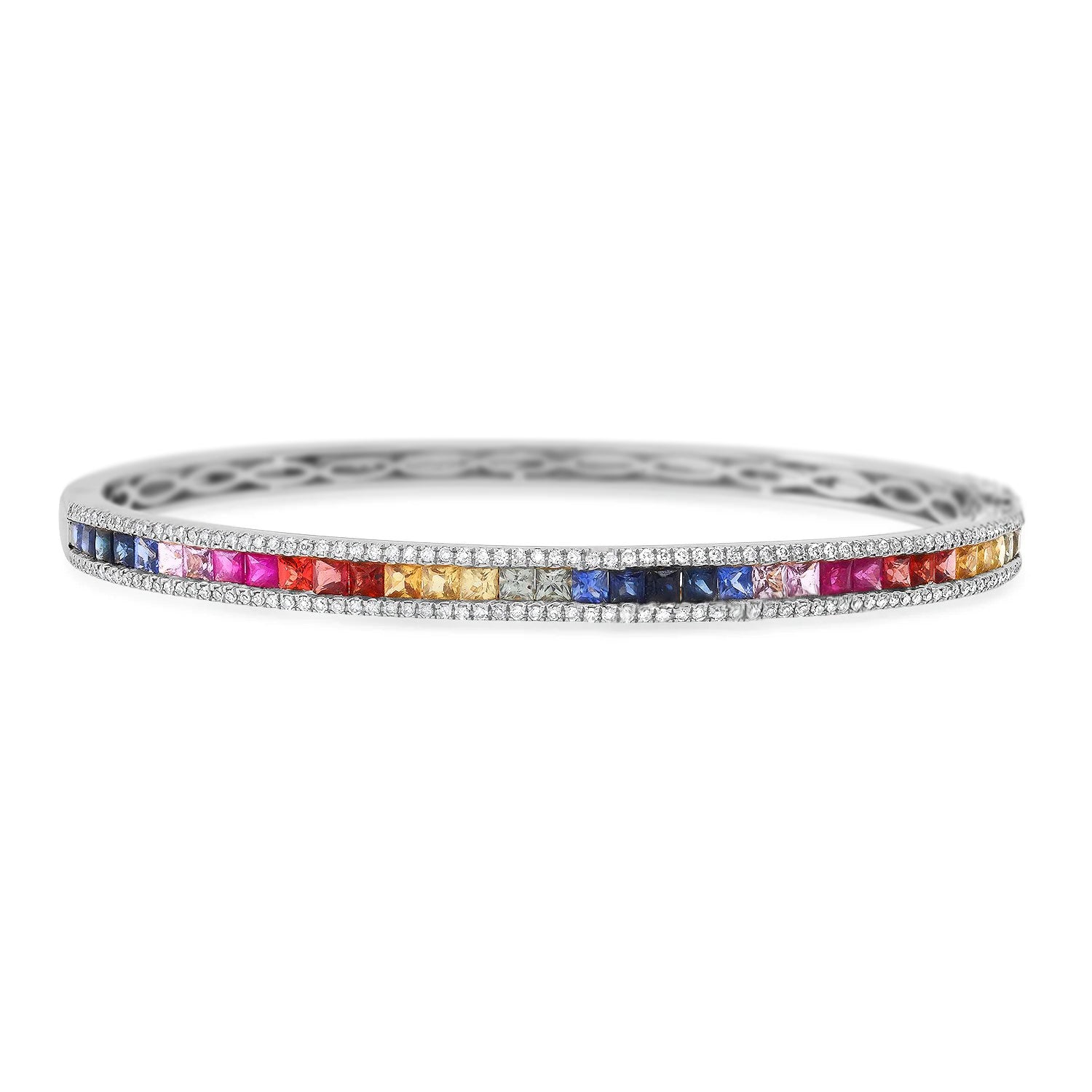 Rainbow Princess Cut Sapphire and Diamond Bangle Bracelet