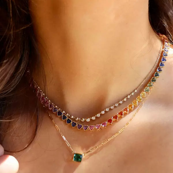 14K Rainbow Sapphire Heart Bezel Tennis Necklace