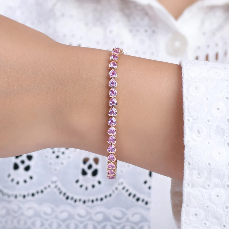 14K Natural Pink Heart Sapphire Bezel Bracelet