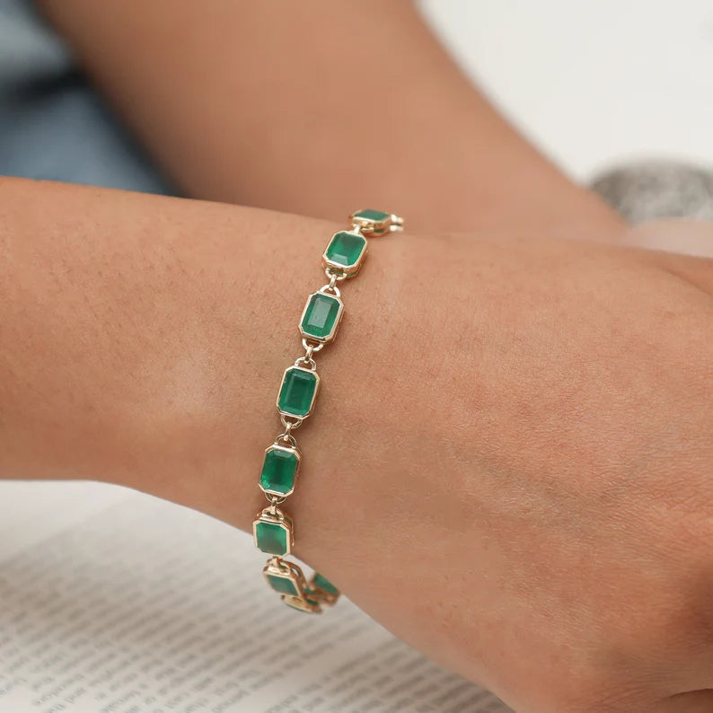 14K Natural Octagon Emerald Antique Bezel Set Link Chain Bracelet