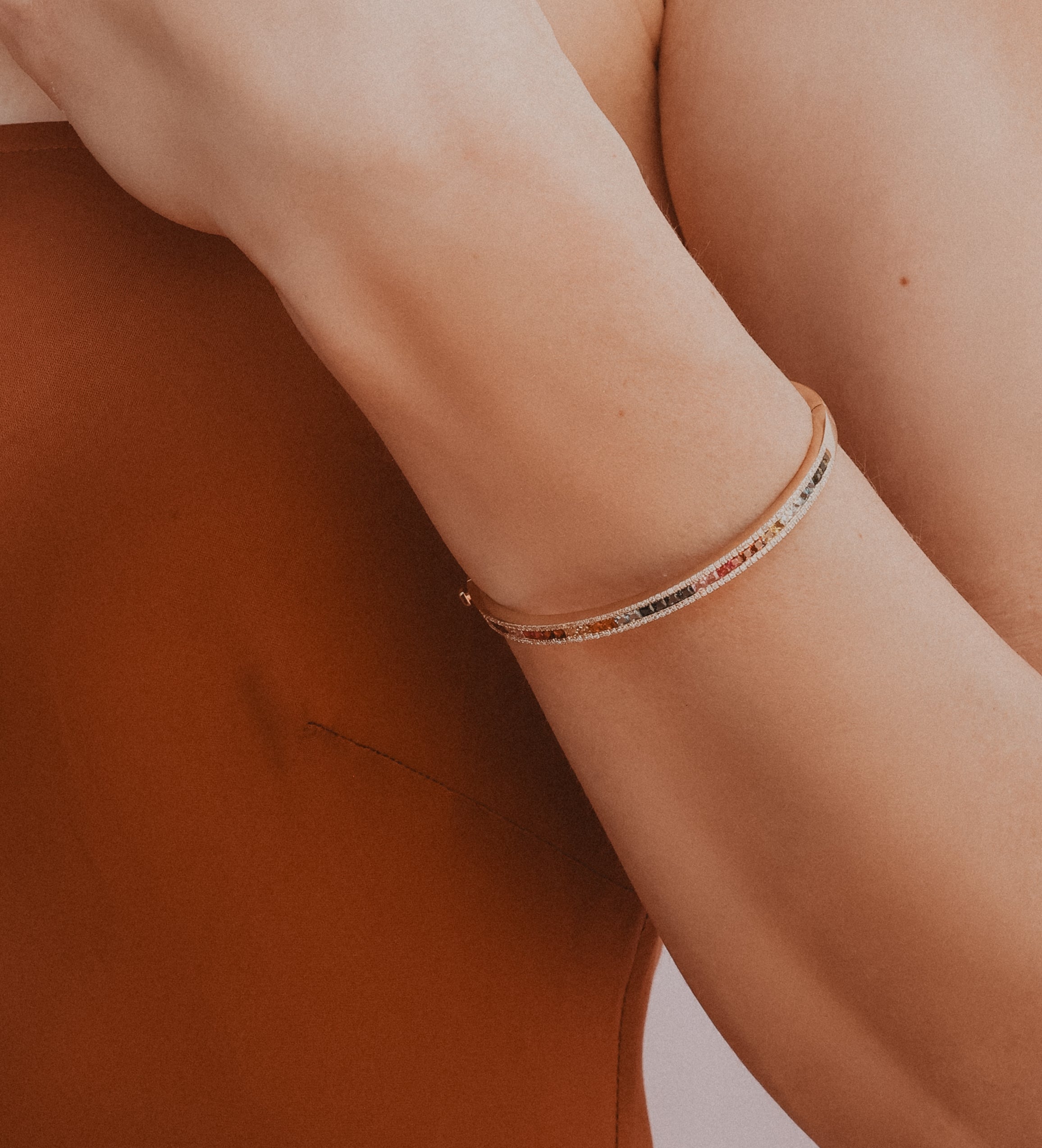 Rainbow Princess Cut Sapphire and Diamond Bangle Bracelet